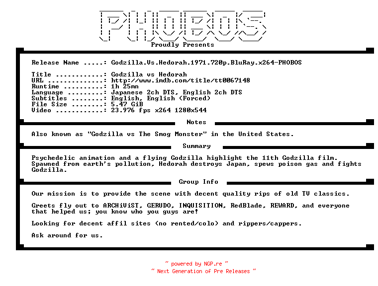NFO for the release Godzilla.Vs.Hedorah.1971.720p.BluRay.x264-PHOBOS by PHOBOS
