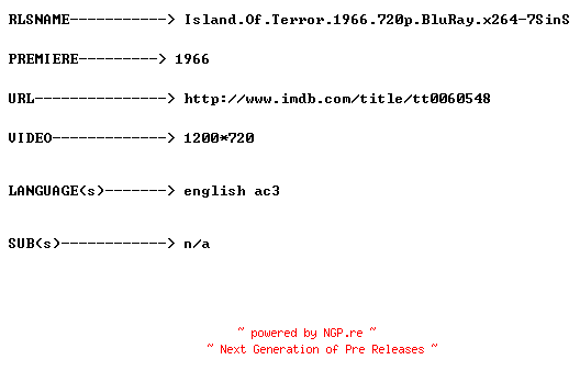 NFO for the release Island.Of.Terror.1966.720p.BluRay.x264-7SinS by 7SinS