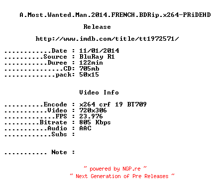 NFO for the release A.Most.Wanted.Man.2014.FRENCH.BDRip.x264-PRiDEHD by PRiDEHD