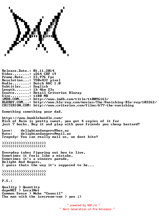 NFO for the release The.Vanishing.1988.iNTERNAL.BDRip.x264-DAA by DAA