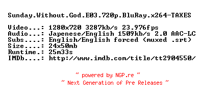 NFO for the release Sunday.Without.God.E03.720p.BluRay.x264-TAXES by TAXES
