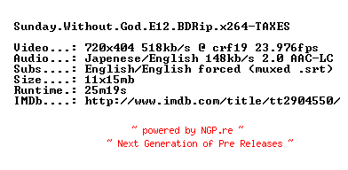NFO for the release Sunday.Without.God.E12.BDRip.x264-TAXES by TAXES