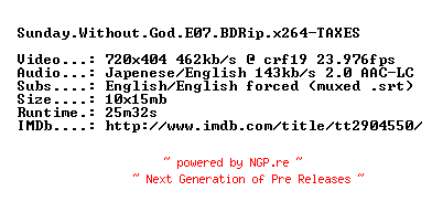 NFO for the release Sunday.Without.God.E07.BDRip.x264-TAXES by TAXES