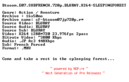 NFO for the release Btooom.E07.SUBFRENCH.720p.BLURAY.X264-SLEEPINGFOREST by SLEEPINGFOREST
