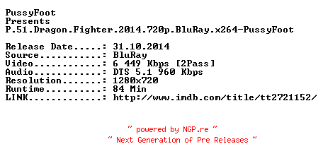 NFO for the release P.51.Dragon.Fighter.2014.720p.BluRay.x264-PussyFoot by PussyFoot
