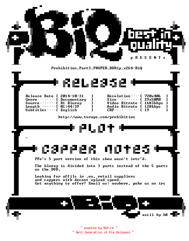 NFO for the release Prohibition.Part3.PROPER.BDRip.x264-BiQ by BiQ