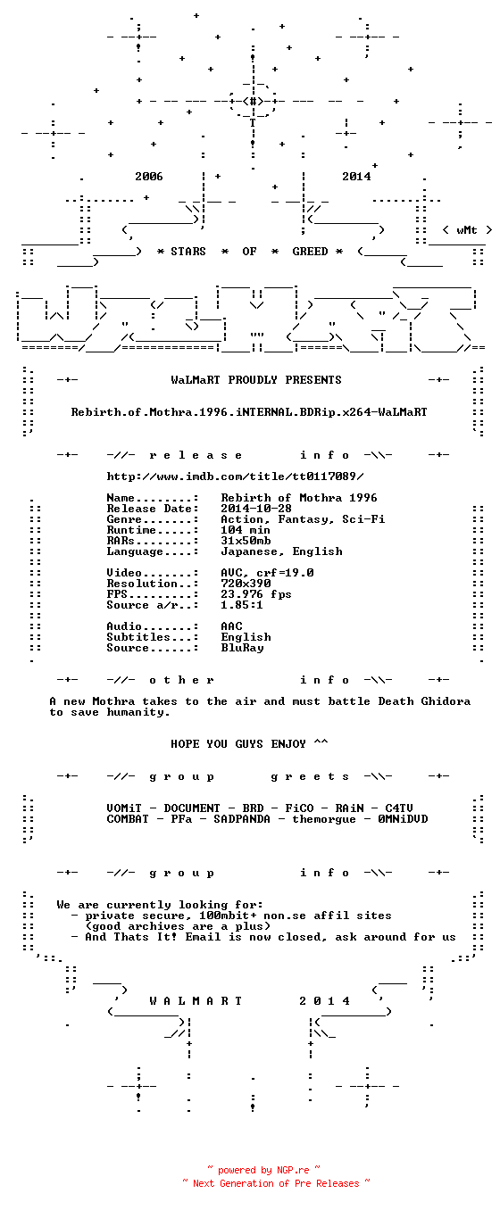 NFO for the release Rebirth.of.Mothra.1996.iNTERNAL.BDRip.x264-WaLMaRT by WaLMaRT
