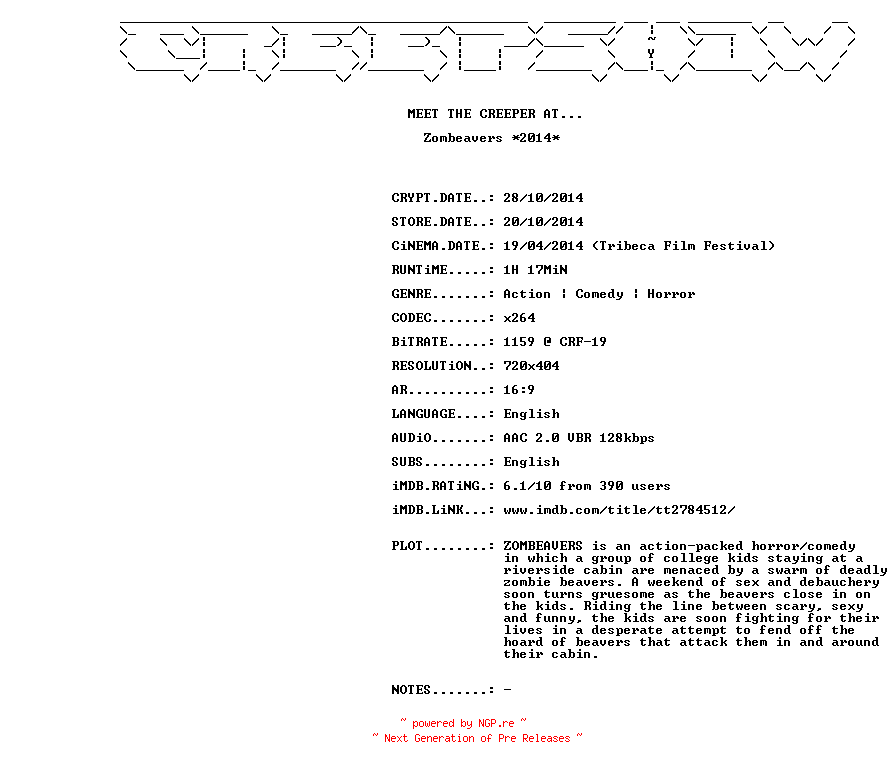 NFO for the release Zombeavers.2014.BDRiP.x264-CREEPSHOW by CREEPSHOW