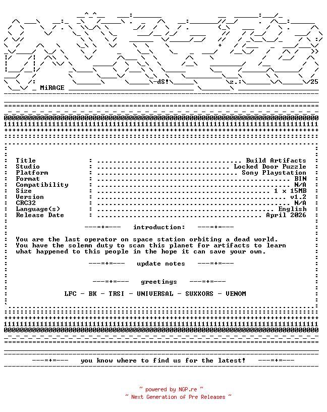 NFO for the release Build_Artifacts_PSX-MiRAGE by MiRAGE
