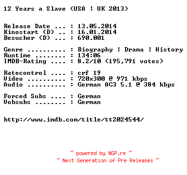 NFO for the release 12.Years.a.Slave.German.BDRiP.x264-EXQUiSiTE by EXQUiSiTE