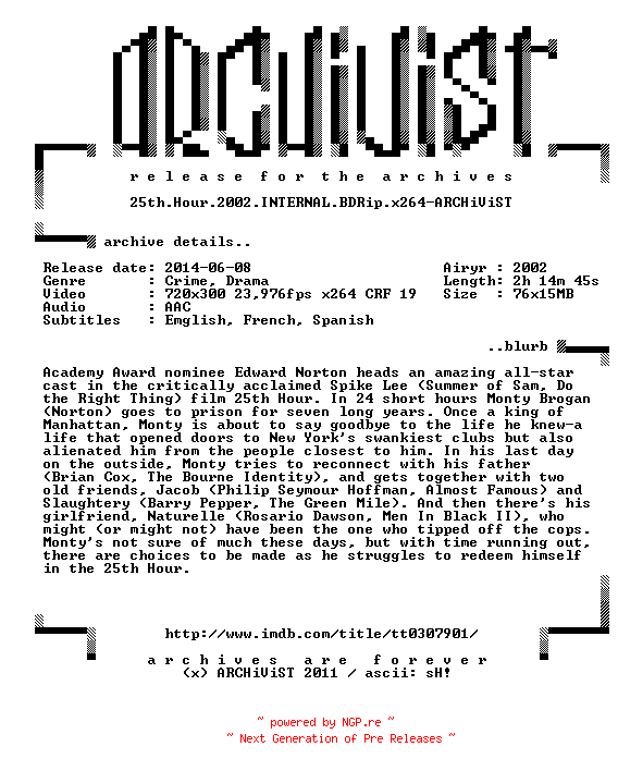NFO for the release 25th.Hour.2002.INTERNAL.BDRip.x264-ARCHiViST by ARCHiViST
