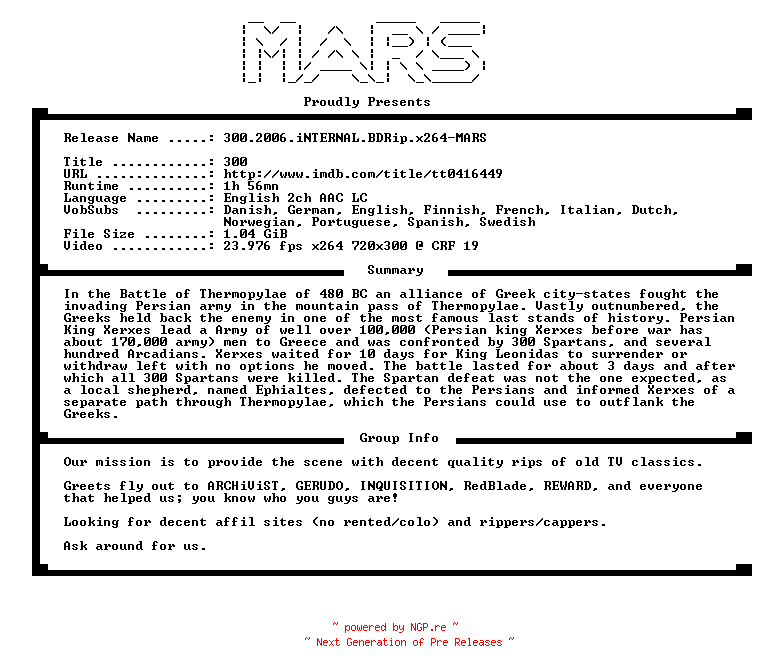 NFO for the release 300.2006.iNTERNAL.BDRip.x264-MARS by MARS