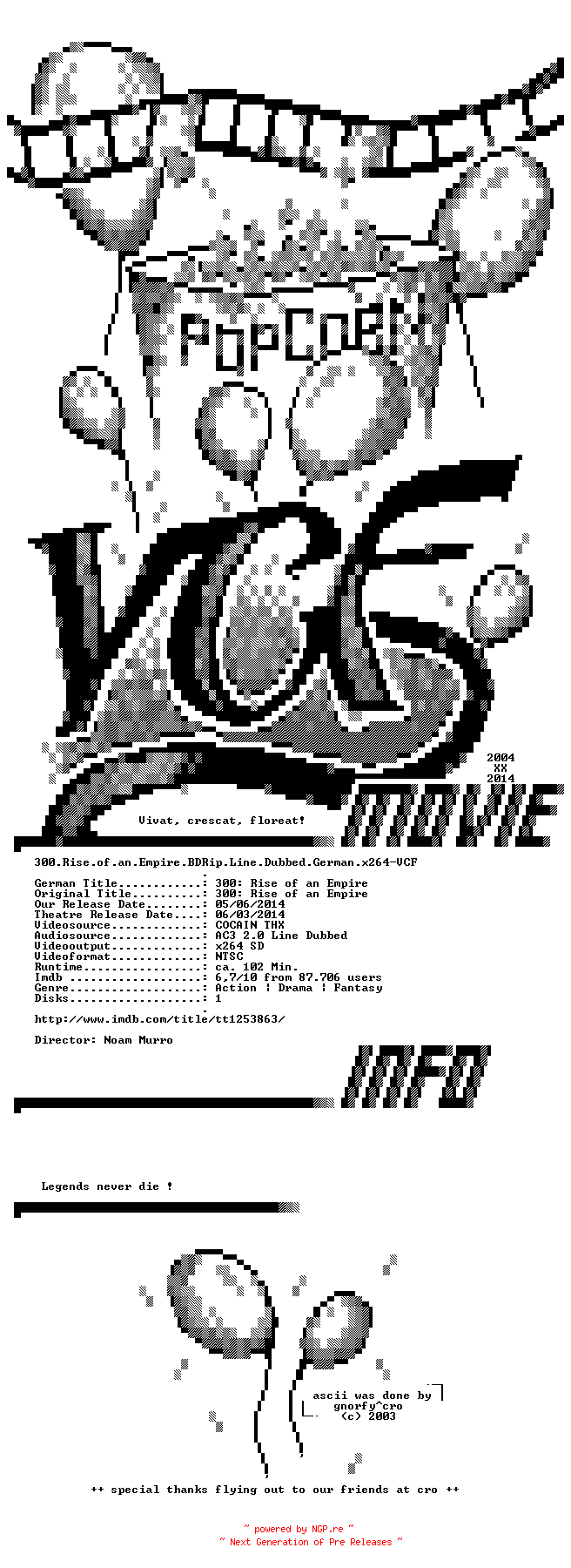 NFO for the release 300.Rise.of.an.Empire.BDRip.Line.Dubbed.German.x264-VCF by VCF