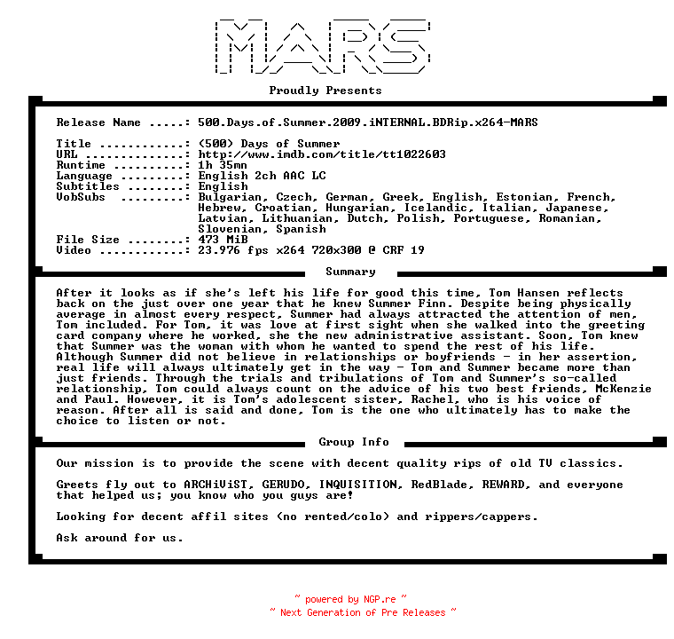 NFO for the release 500.Days.of.Summer.2009.iNTERNAL.BDRip.x264-MARS by MARS