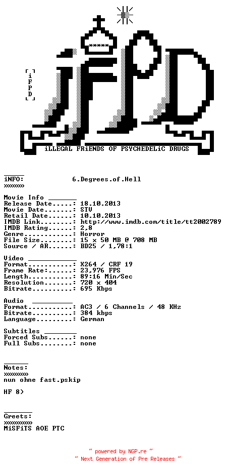 NFO for the release 6.Degrees.of.Hell.German.2012.AC3.BDRiP.x264.REPACK-iFPD by iFPD