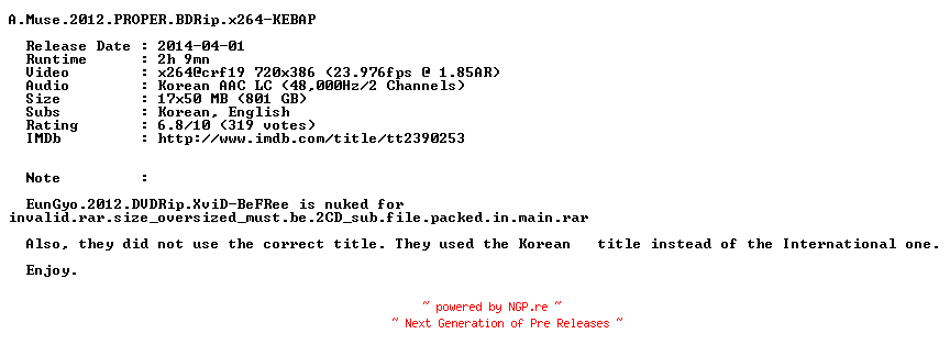 NFO for the release A.Muse.2012.PROPER.BDRip.x264-KEBAP by KEBAP