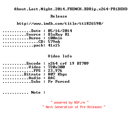 NFO for the release About.Last.Night.2014.FRENCH.BDRip.x264-PRiDEHD by PRiDEHD
