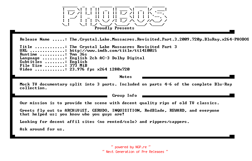 NFO for the release The.Crystal.Lake.Massacres.Revisited.Part.3.2009.720p.BluRay.x264-PHOBOS by PHOBOS