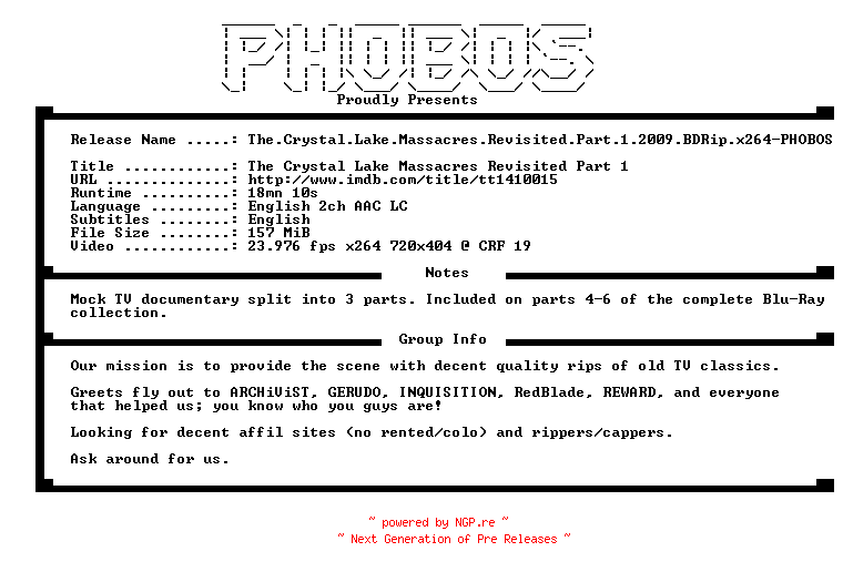 NFO for the release The.Crystal.Lake.Massacres.Revisited.Part.1.2009.BDRip.x264-PHOBOS by PHOBOS