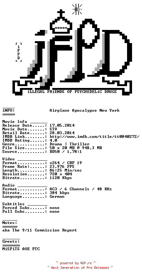 NFO for the release Airplane.Apocalypse.New.York.German.2006.AC3.BDRiP.x264-iFPD by iFPD