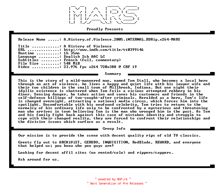 NFO for the release A.History.of.Violence.2005.iNTERNAL.BDRip.x264-MARS by MARS