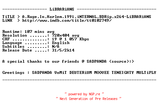 NFO for the release A.Rage.In.Harlem.1991.iNTERNAL.BDRip.x264-LiBRARiANS by LiBRARiANS