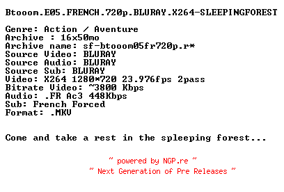 NFO for the release Btooom.E05.FRENCH.720p.BLURAY.X264-SLEEPINGFOREST by SLEEPINGFOREST