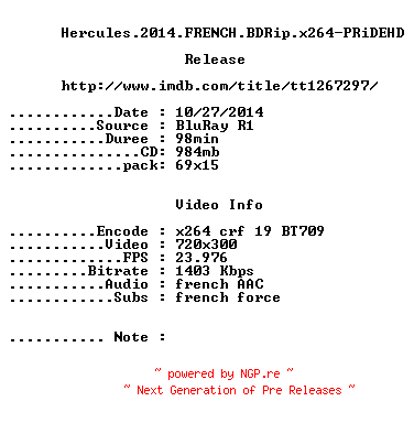 NFO for the release Hercules.2014.FRENCH.BDRip.x264-PRiDEHD by PRiDEHD