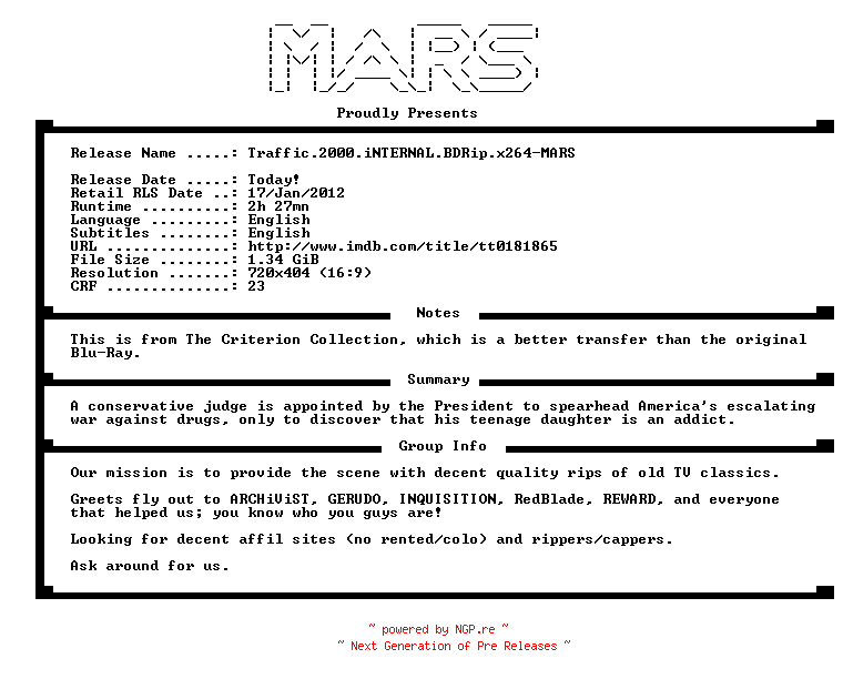 NFO for the release Traffic.2000.iNTERNAL.BDRip.x264-MARS by MARS