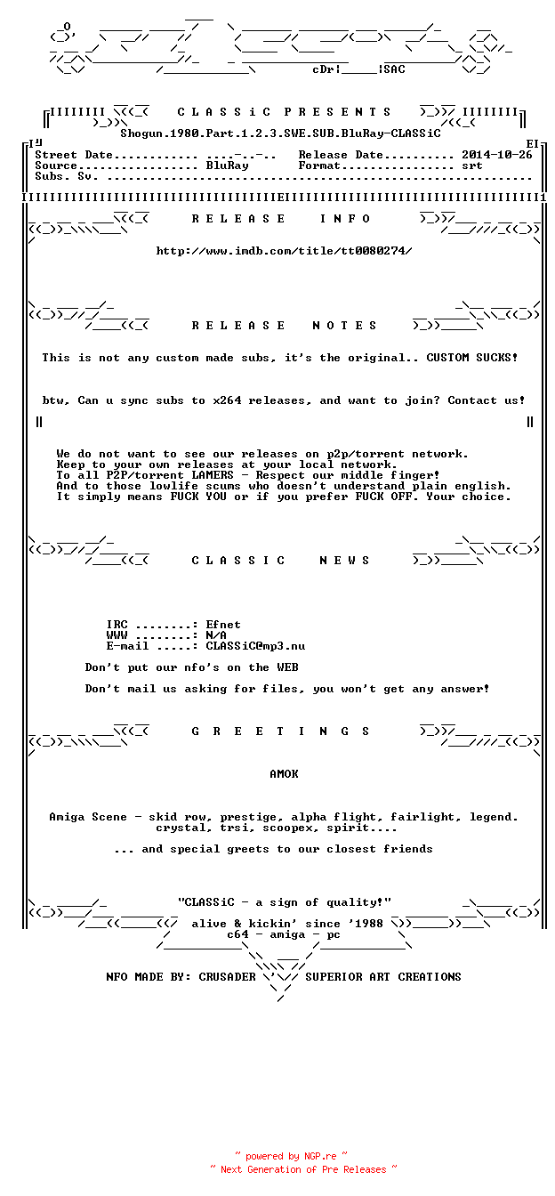 NFO for the release Shogun.1980.Part.1.2.3.SWE.SUB.BluRay-CLASSiC by CLASSiC