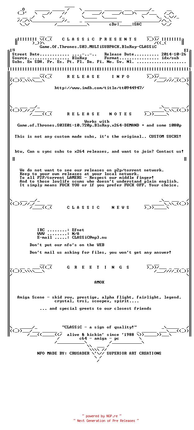 NFO for the release Game.Of.Thrones.S03.MULTiSUBPACK.BluRay-CLASSiC by CLASSiC