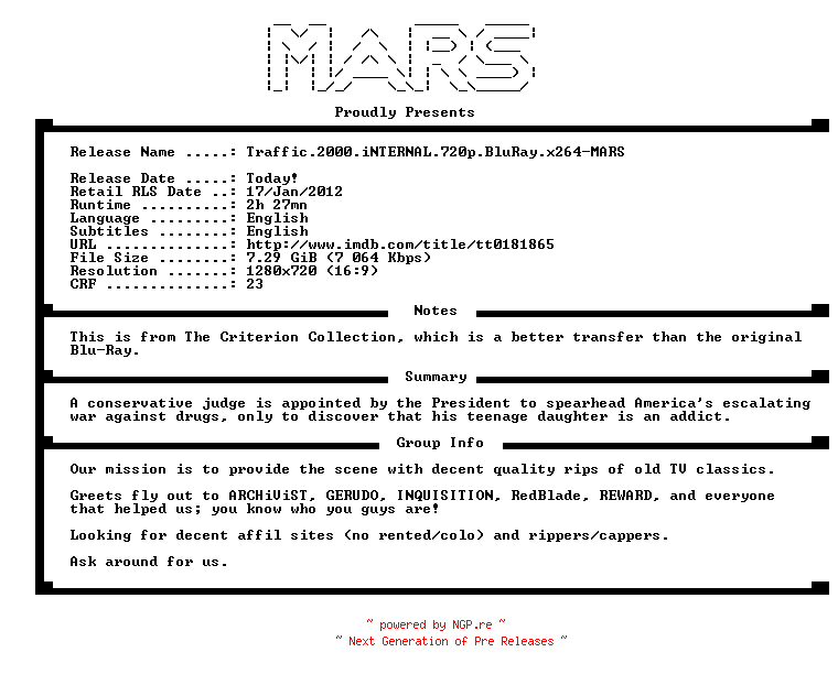 NFO for the release Traffic.2000.iNTERNAL.720p.BluRay.x264-MARS by MARS