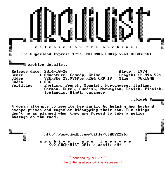 NFO for the release The.Sugarland.Express.1974.INTERNAL.BDRip.x264-ARCHiViST by ARCHiViST