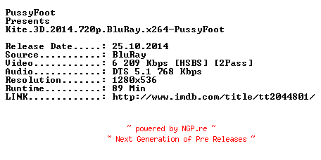 NFO for the release Kite.3D.2014.720p.BluRay.x264-PussyFoot by PussyFoot