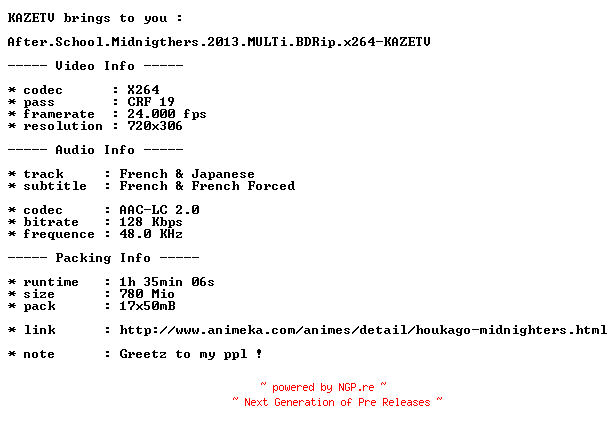 NFO for the release After.School.Midnigthers.2013.MULTi.BDRip.x264-KAZETV by KAZETV