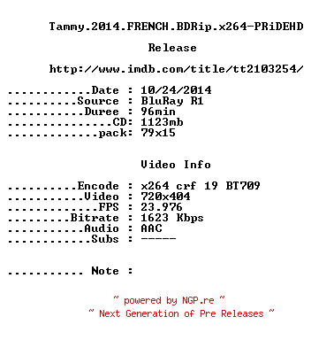 NFO for the release Tammy.2014.FRENCH.BDRip.x264-PRiDEHD by PRiDEHD