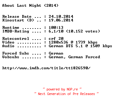NFO for the release About.Last.Night.2014.German.720p.BluRay.x264-EXQUiSiTE by EXQUiSiTE