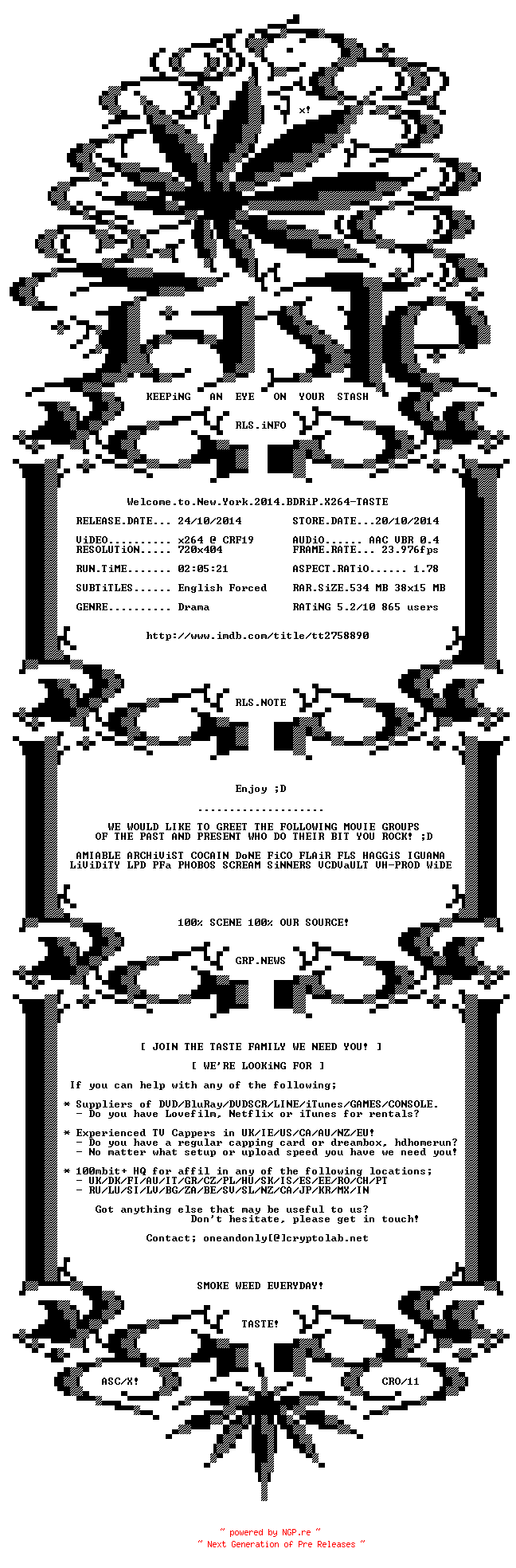 NFO for the release Welcome.to.New.York.2014.BDRiP.X264-TASTE by TASTE