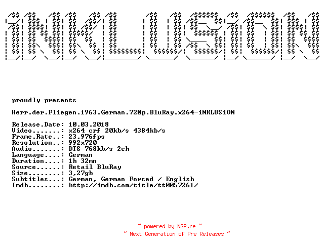 NFO for the release Herr.der.Fliegen.1963.German.720p.BluRay.x264-iNKLUSiON by iNKLUSiON