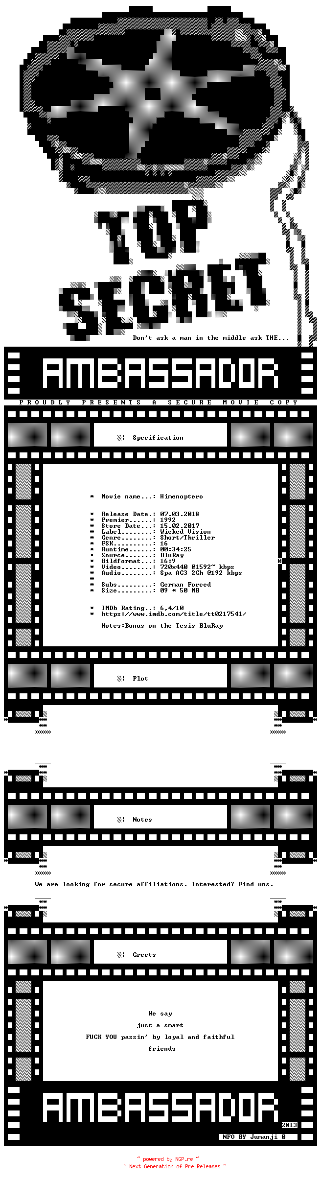 NFO for the release Himenoptero.GERMAN.SUBBED.1992.BDRIP.X264-AMBASSADOR by AMBASSADOR