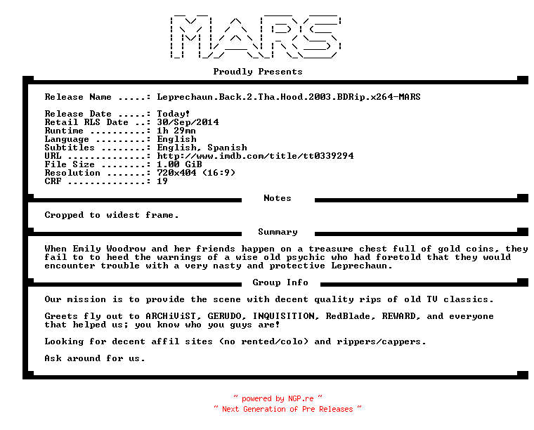 NFO for the release Leprechaun.Back.2.Tha.Hood.2003.iNTERNAL.BDRip.x264-MARS by MARS