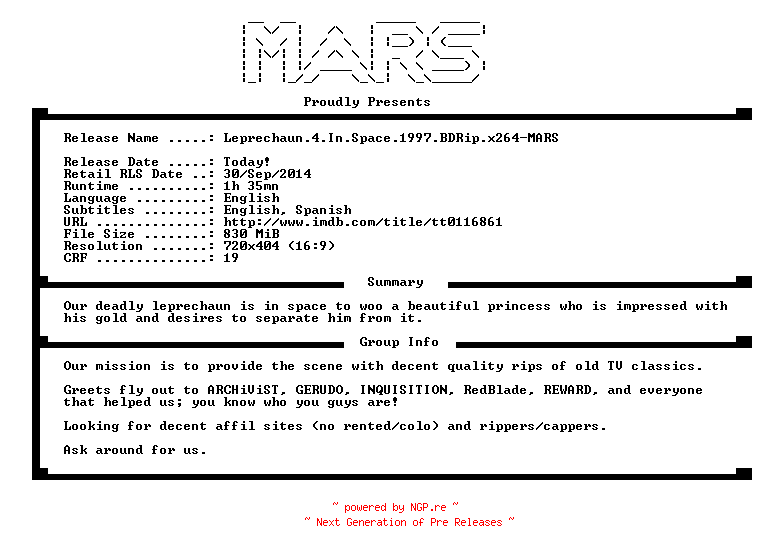 NFO for the release Leprechaun.4.In.Space.1997.iNTERNAL.BDRip.x264-MARS by MARS