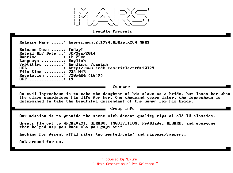 NFO for the release Leprechaun.2.1994.iNTERNAL.BDRip.x264-MARS by MARS