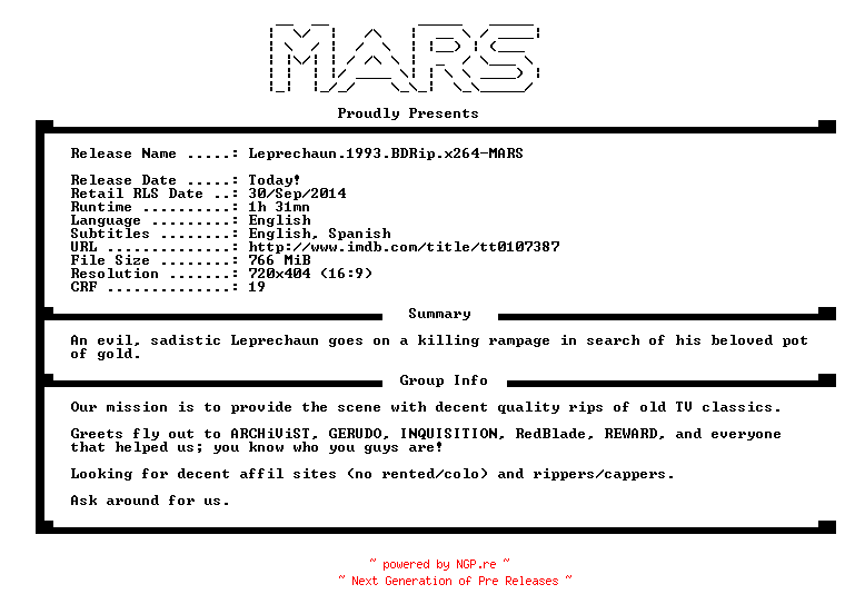 NFO for the release Leprechaun.1993.iNTERNAL.BDRip.x264-MARS by MARS