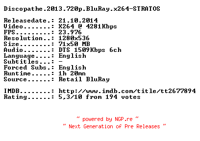 NFO for the release Discopathe.2013.720p.BluRay.x264-STRATOS by STRATOS