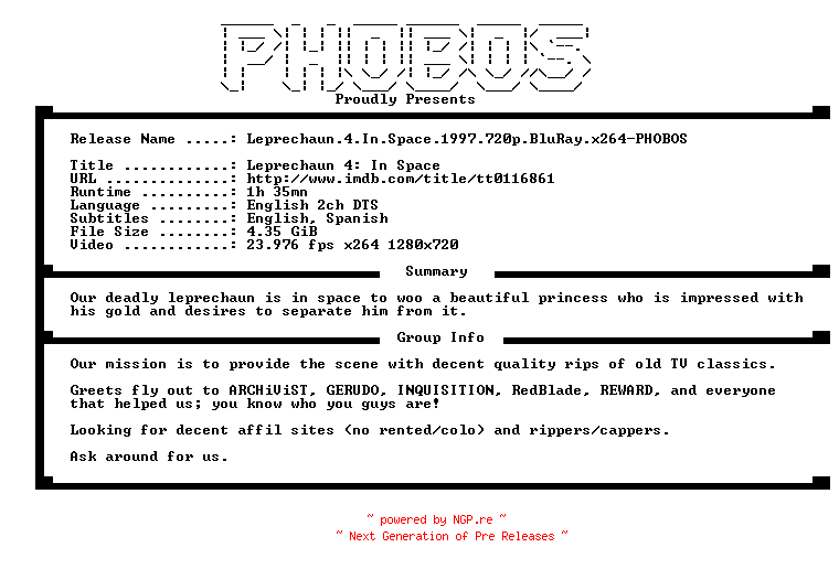 NFO for the release Leprechaun.4.In.Space.1997.720p.BluRay.x264-PHOBOS by PHOBOS