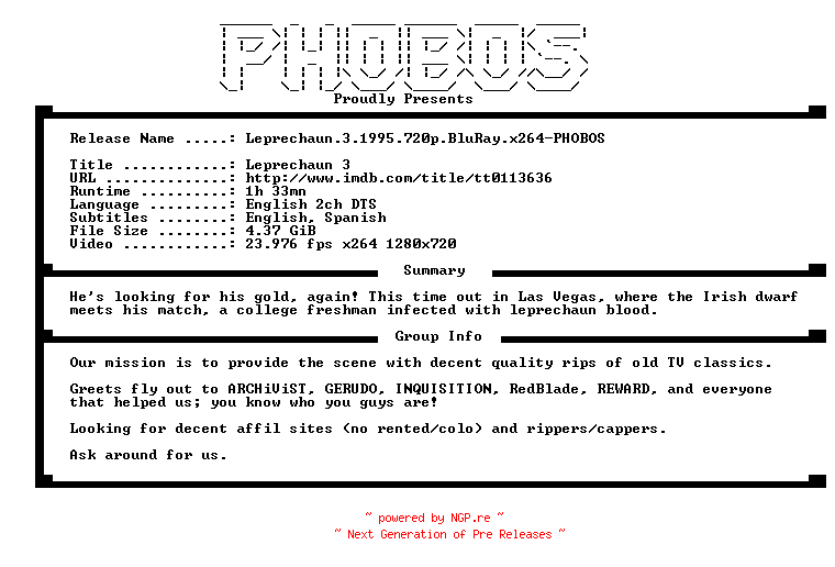 NFO for the release Leprechaun.3.1995.720p.BluRay.x264-PHOBOS by PHOBOS