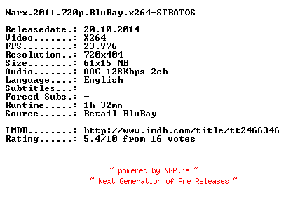 NFO for the release Narx.2011.BDRip.x264-STRATOS by STRATOS