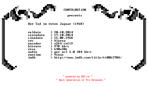 NFO for the release Der.Tod.im.roten.Jaguar.1968.German.BDRip.x264-CONTRiBUTiON by CONTRiBUTiON