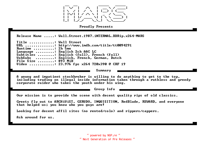 NFO for the release Wall.Street.1987.iNTERNAL.BDRip.x264-MARS by MARS